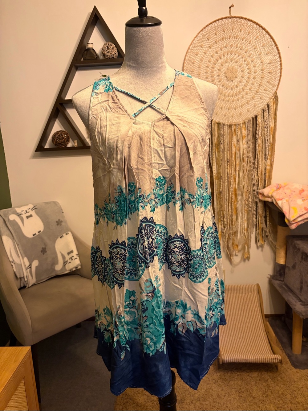 Umgee Size Small Boho Floral Sleeveless Dress Swim Cover Up Blue White